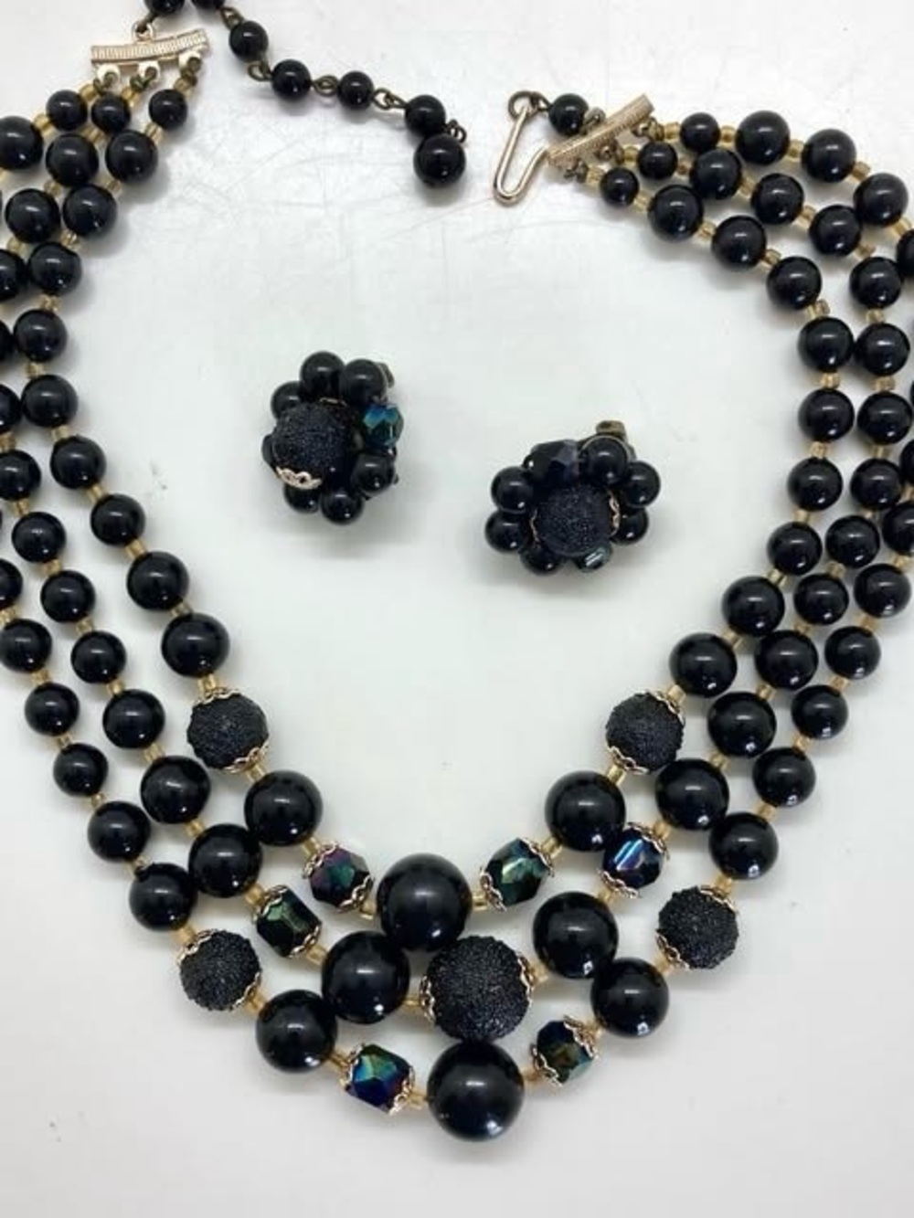 1950s Glam Black Beaded Multi Strand Necklace & Clip Earrings Iridescent beads.
